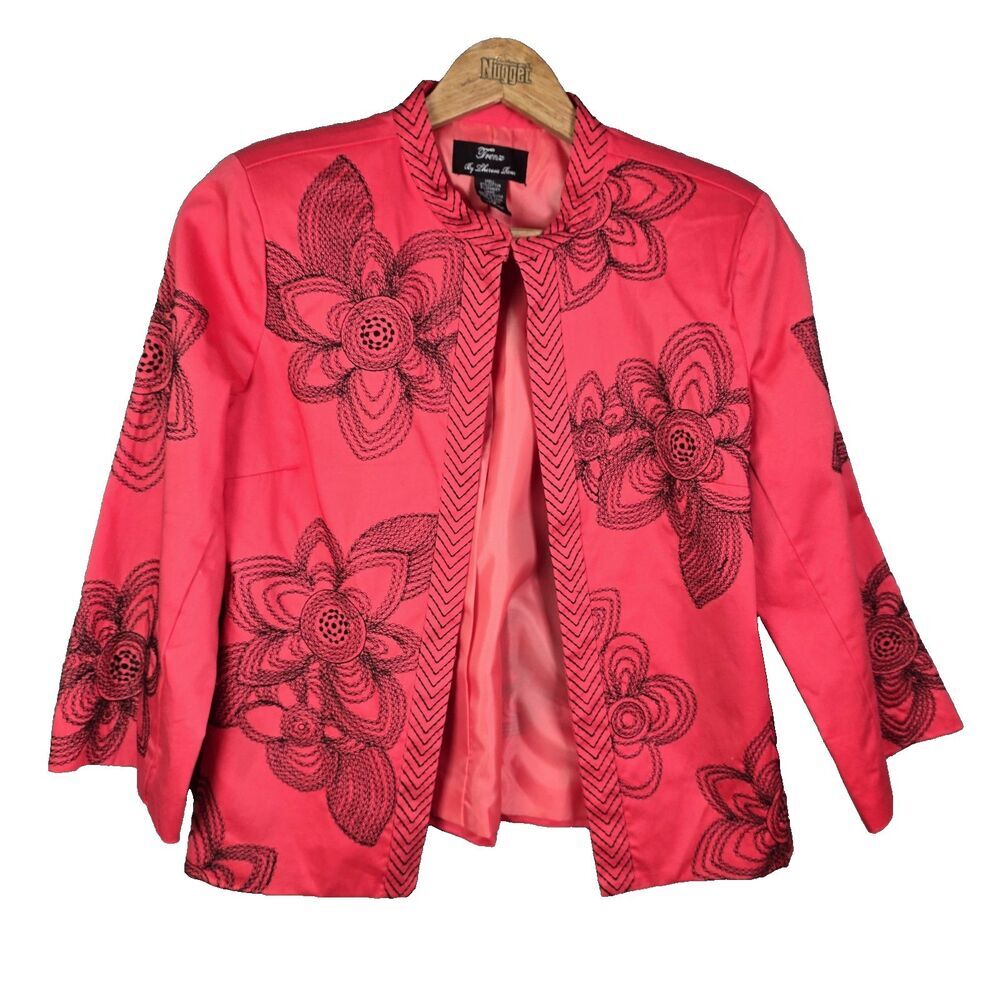 Trenz By Theresa Reax Womens Blazer Medium Orange Floral Embroidered Open Front